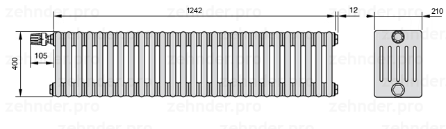 Схема (чертеж) Радиатор Zehnder Charleston 6040/27 №V012 Белый глянцевый RAL 9016